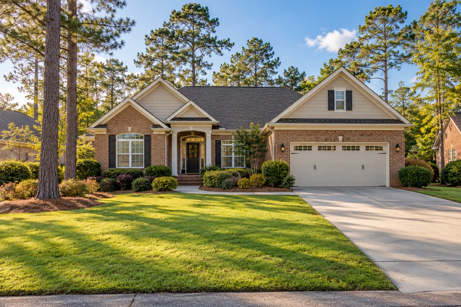 A green residential yard with mature trees and a driveway